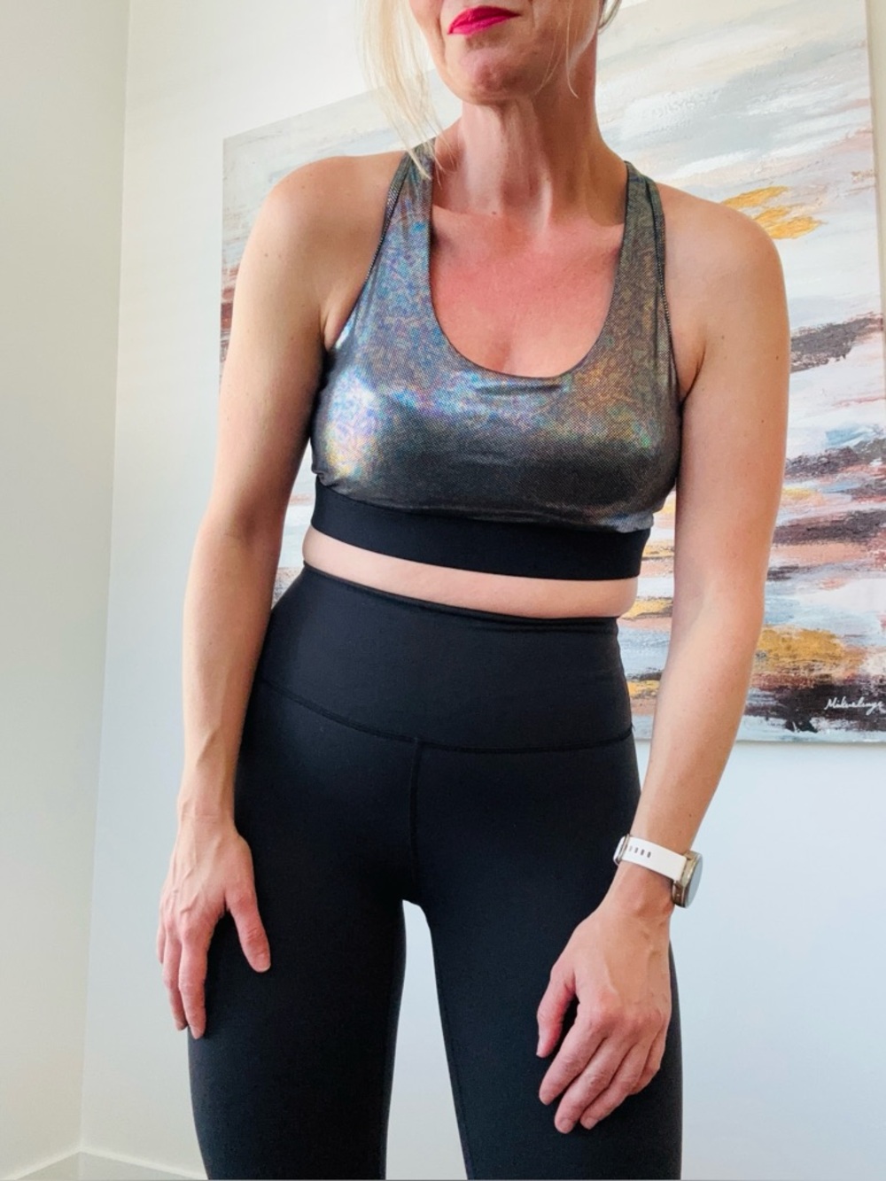 ZYIA Active Disco Luxe Racerback Sports Bra - XL - Iridescent Silver/Black